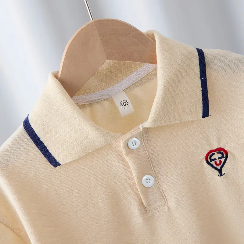 Boys Polo T-Shirt Summer 2025 Beige Navy Sleeve - Image 3