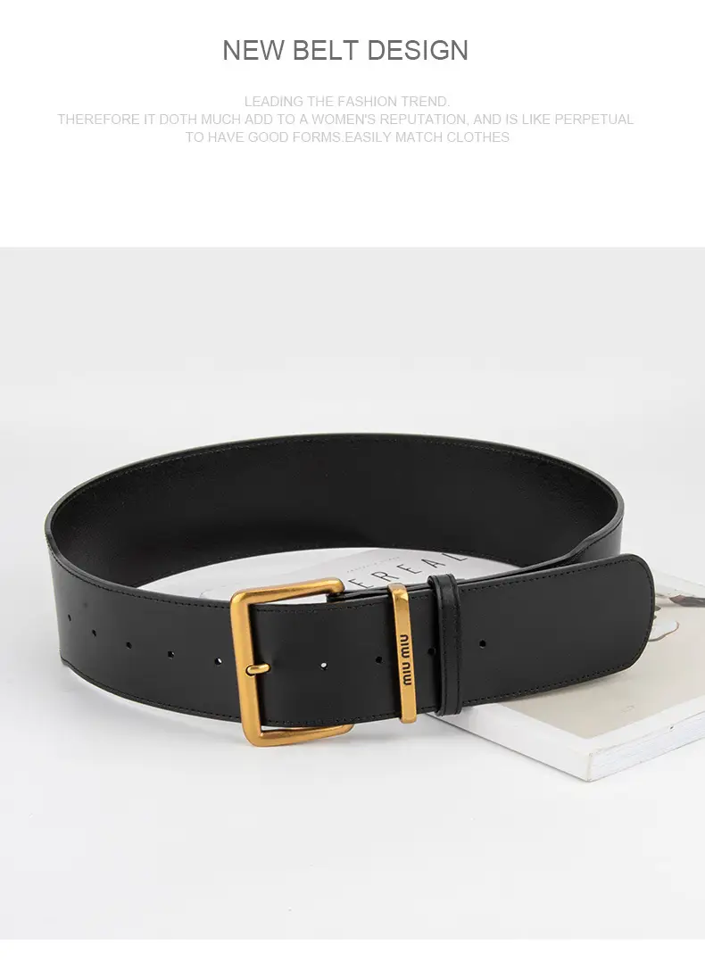 New Black Genuine Leather Wide Belt for Women with Pin Buckle — feature 12