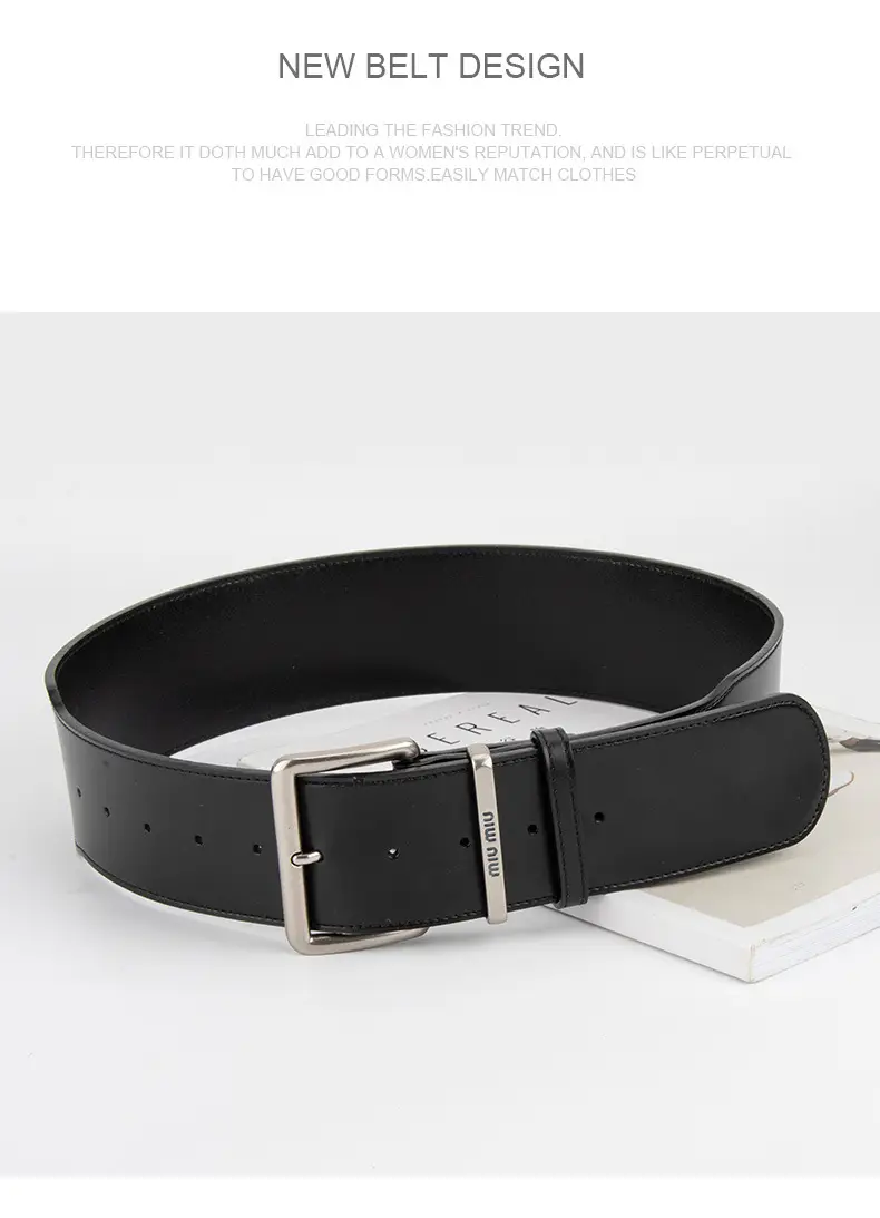 New Black Genuine Leather Wide Belt for Women with Pin Buckle — feature 13