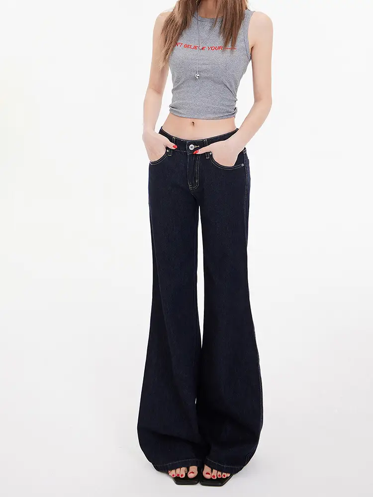 American Retro Dark Blue Flared Jeans Women Low Waist