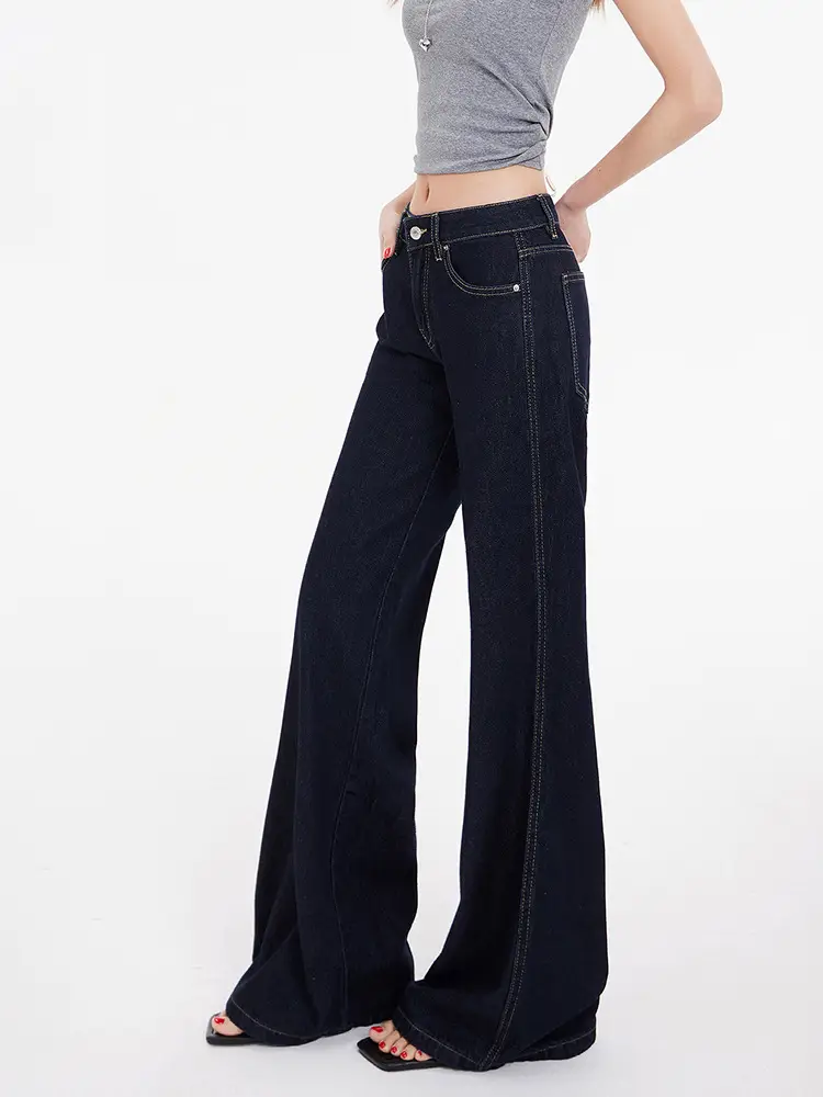 American Retro Dark Blue Flared Jeans Women Low Waist