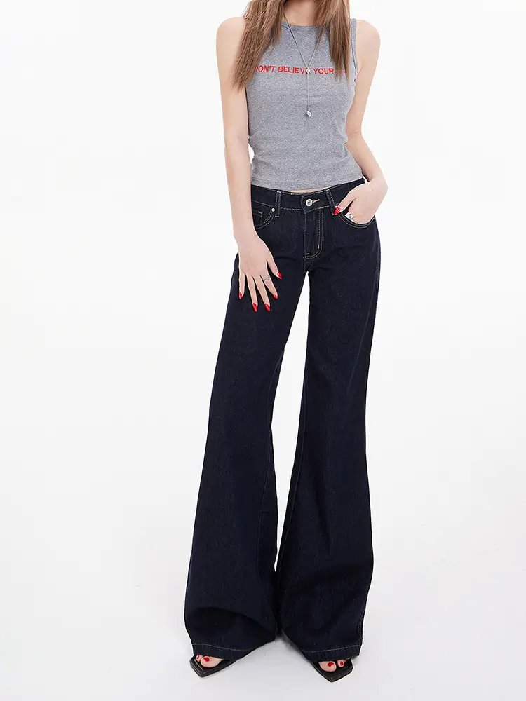 American Retro Dark Blue Flared Jeans Women Low Waist