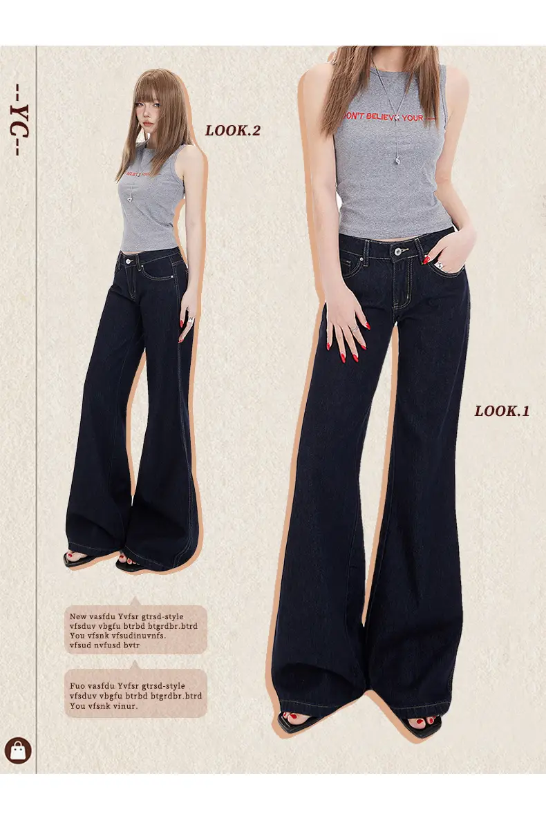 American Retro Dark Blue Flared Jeans Women Low Waist — feature 1