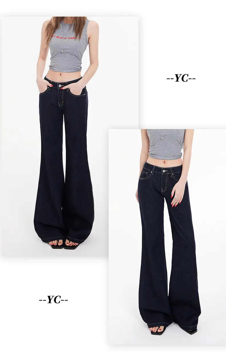 American Retro Dark Blue Flared Jeans Women Low Waist — feature 10