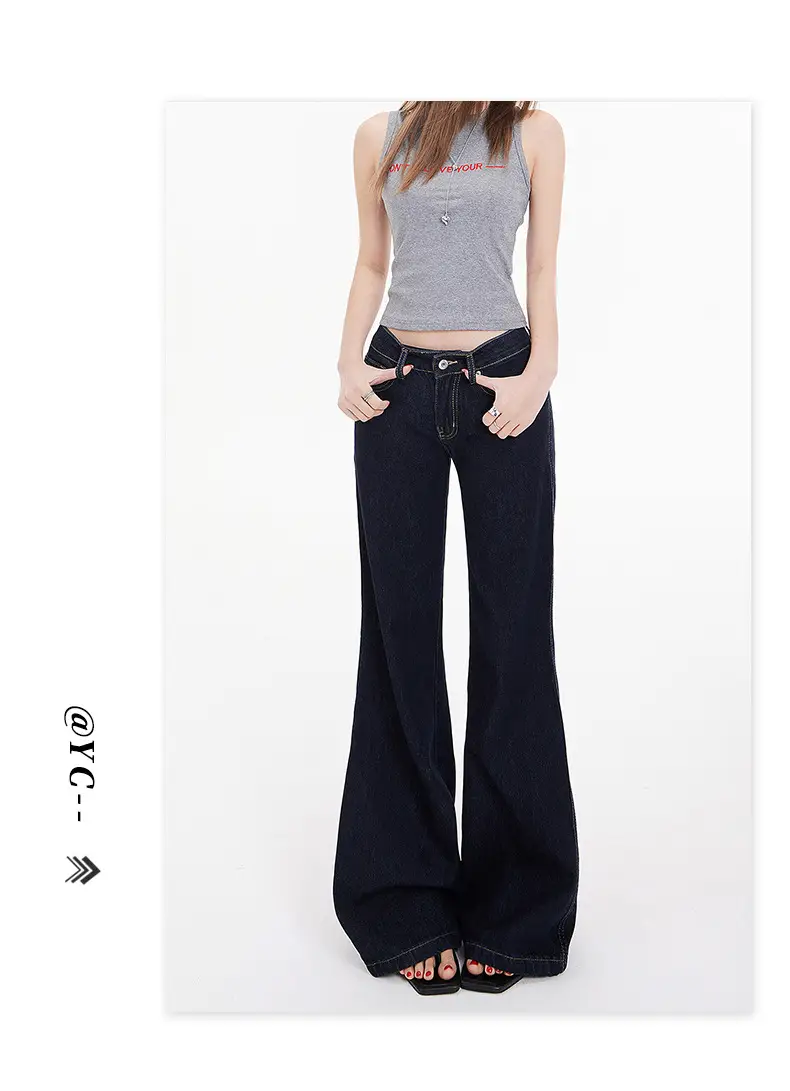 American Retro Dark Blue Flared Jeans Women Low Waist — feature 13
