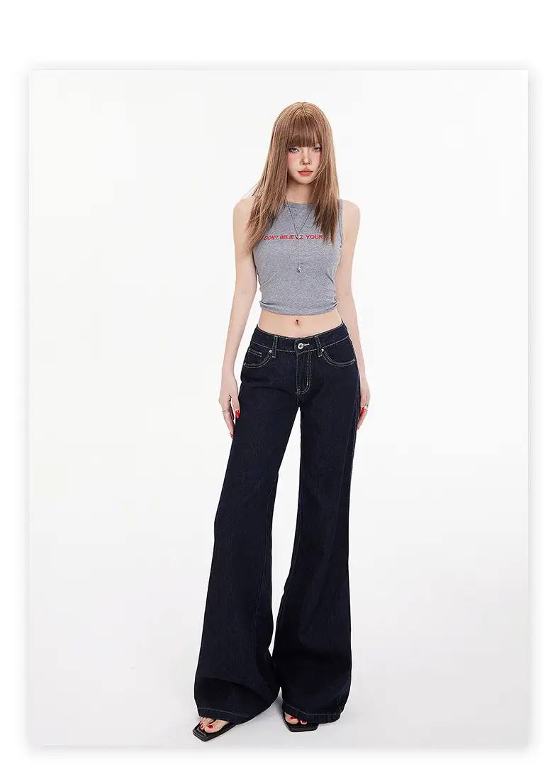 American Retro Dark Blue Flared Jeans Women Low Waist — feature 14