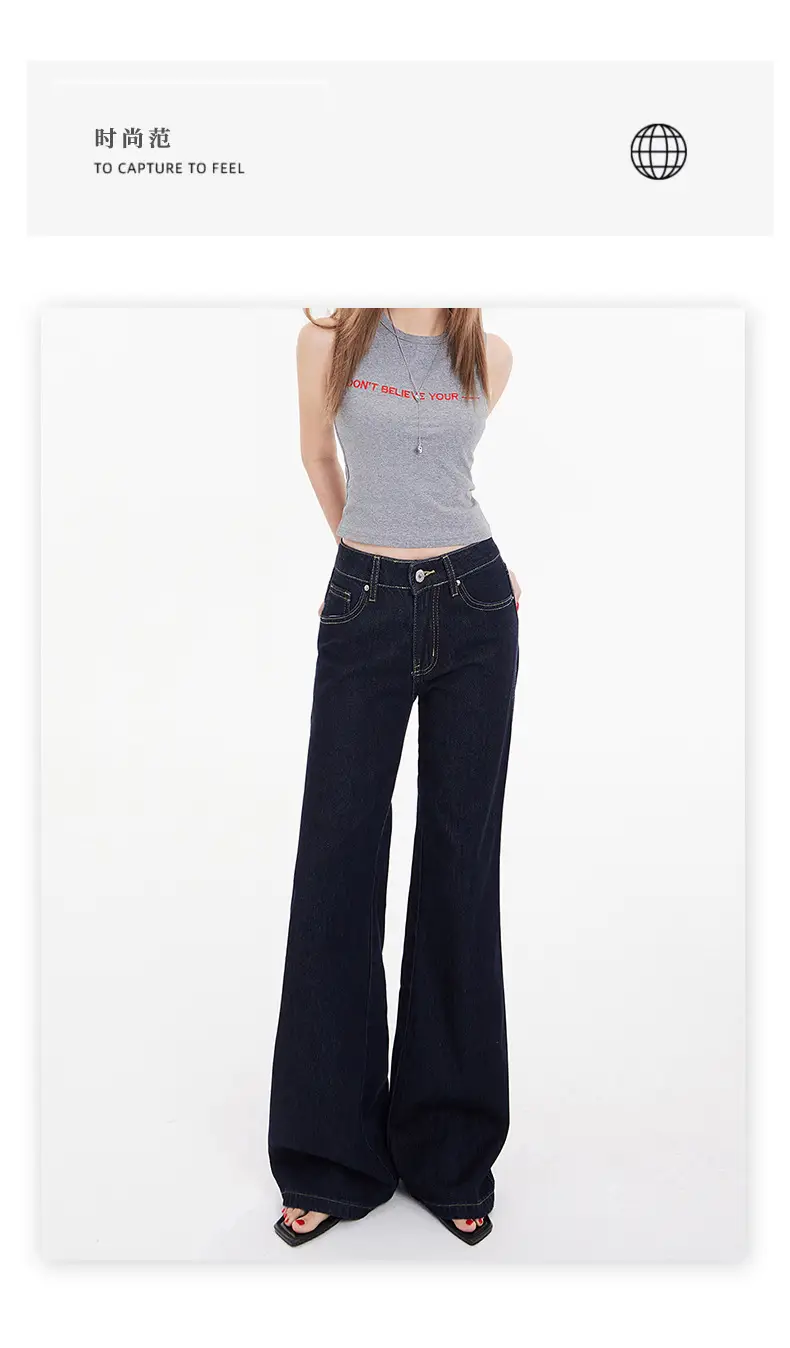 American Retro Dark Blue Flared Jeans Women Low Waist — feature 15