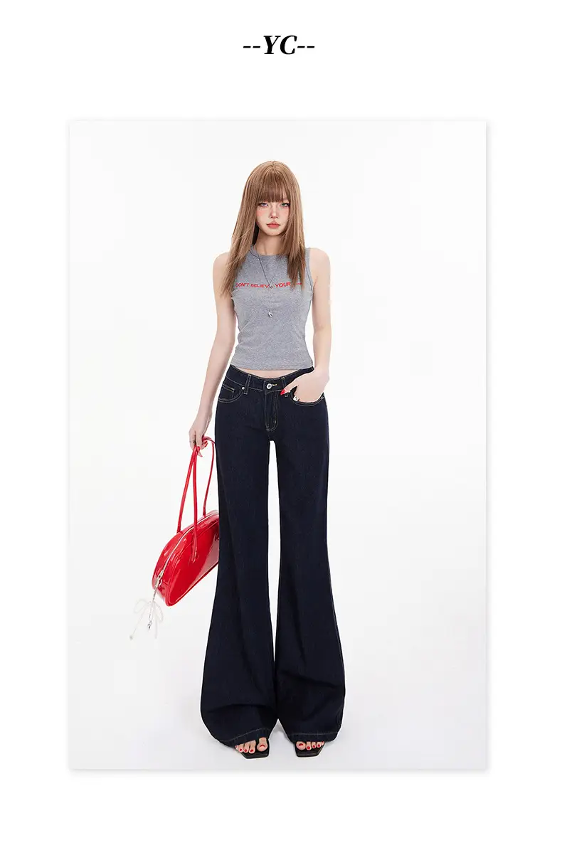 American Retro Dark Blue Flared Jeans Women Low Waist — feature 16