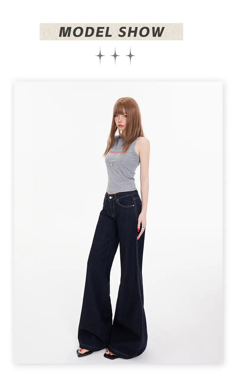 American Retro Dark Blue Flared Jeans Women Low Waist — feature 8