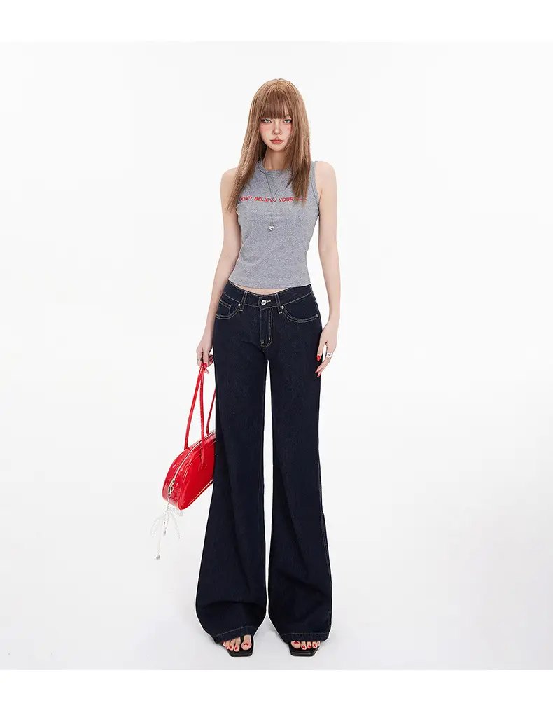 American Retro Dark Blue Flared Jeans Women Low Waist — feature 9