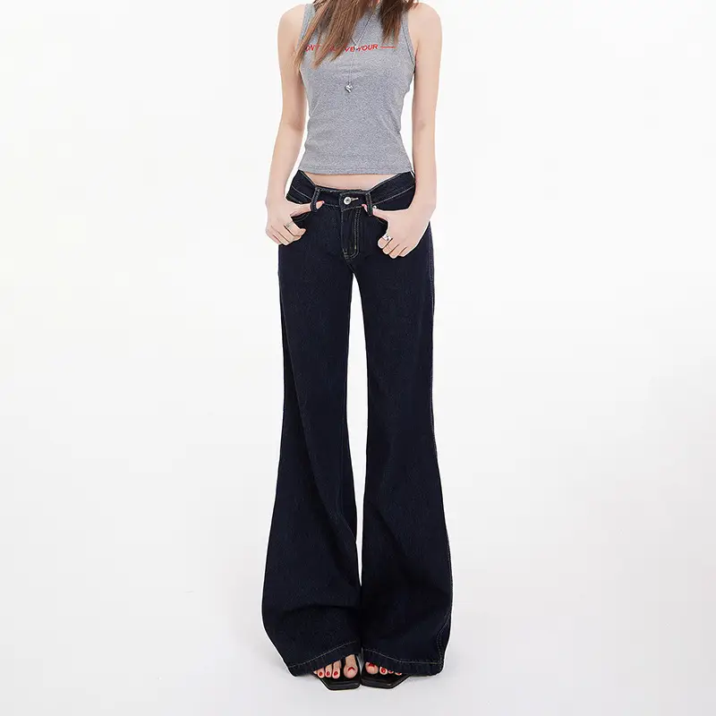 American Retro Dark Blue Flared Jeans Women Low Waist