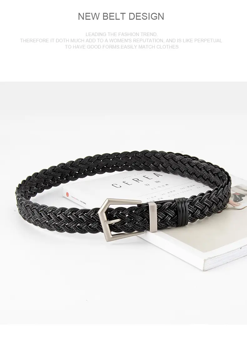 Women's Handwoven Belt Black Brown Punch Free European American High End Decorative — feature 11