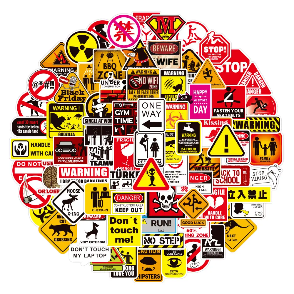 100Pcs Warning Sign Stickers Danger Prohibition Signs Notebook Motorcycle Mobile Phone Graffiti Children Stickers Lot