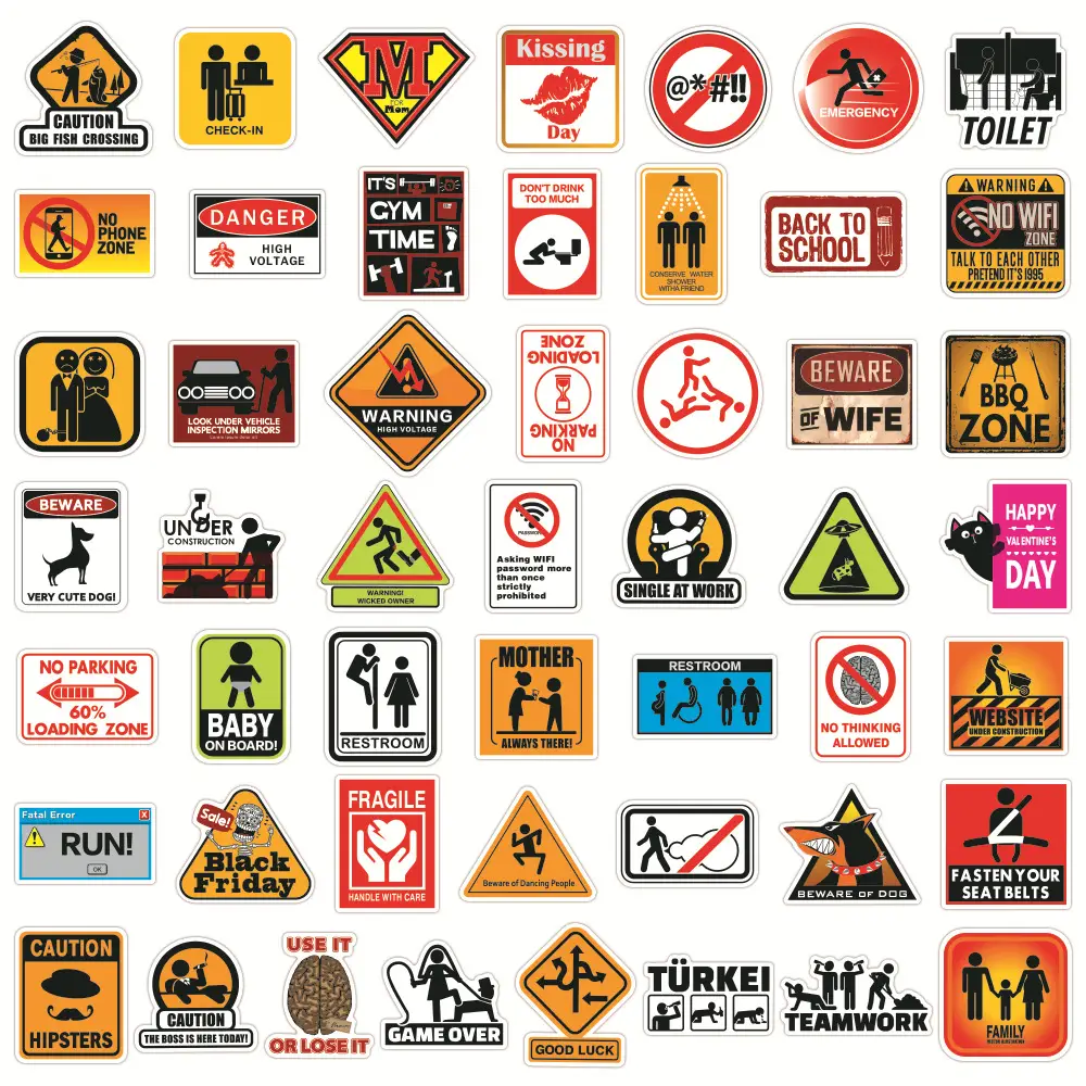100Pcs Warning Sign Stickers Danger Prohibition Signs Notebook Motorcycle Mobile Phone Graffiti Children Stickers Lot — feature 3