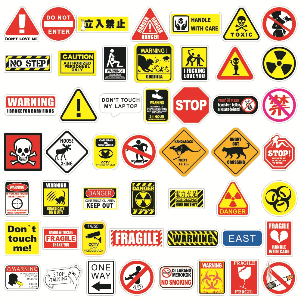100Pcs Warning Sign Stickers Danger Prohibition Signs Notebook Motorcycle Mobile Phone Graffiti Children Stickers Lot — feature 4