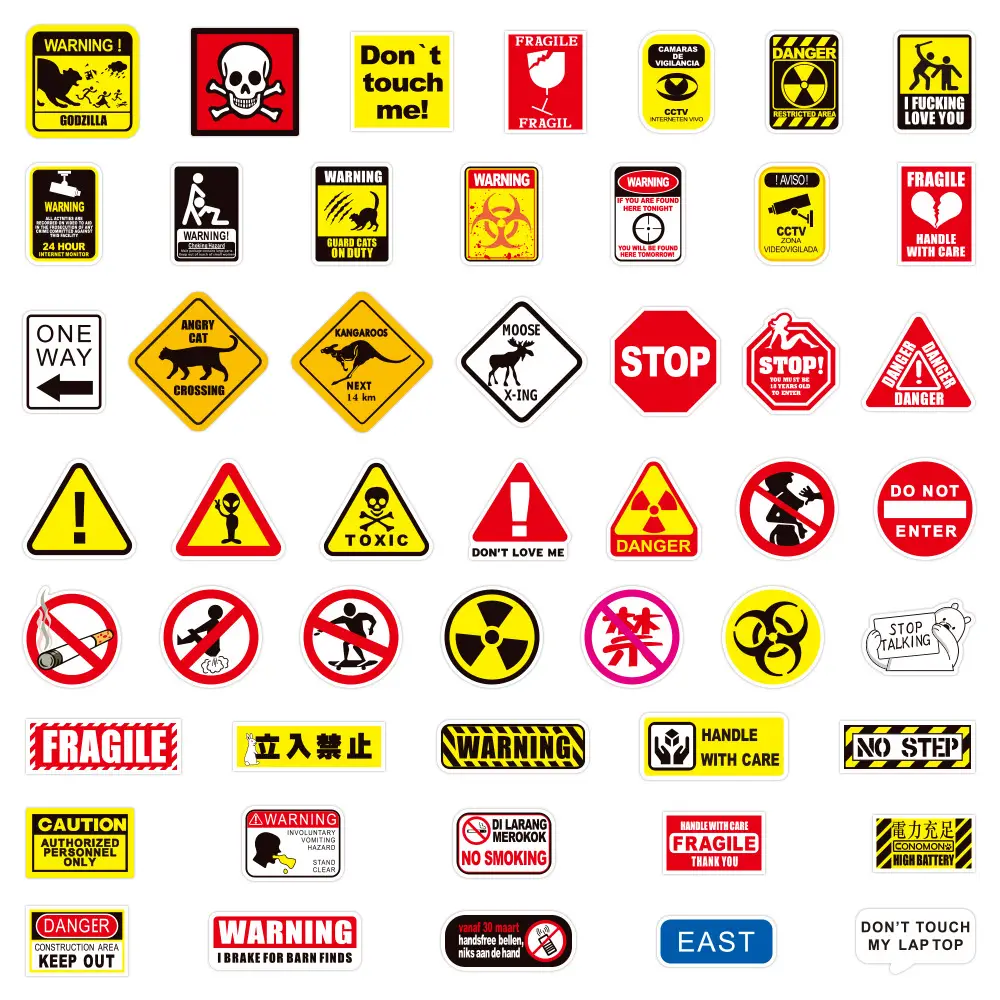 100Pcs Warning Sign Stickers Danger Prohibition Signs Notebook Motorcycle Mobile Phone Graffiti Children Stickers Lot