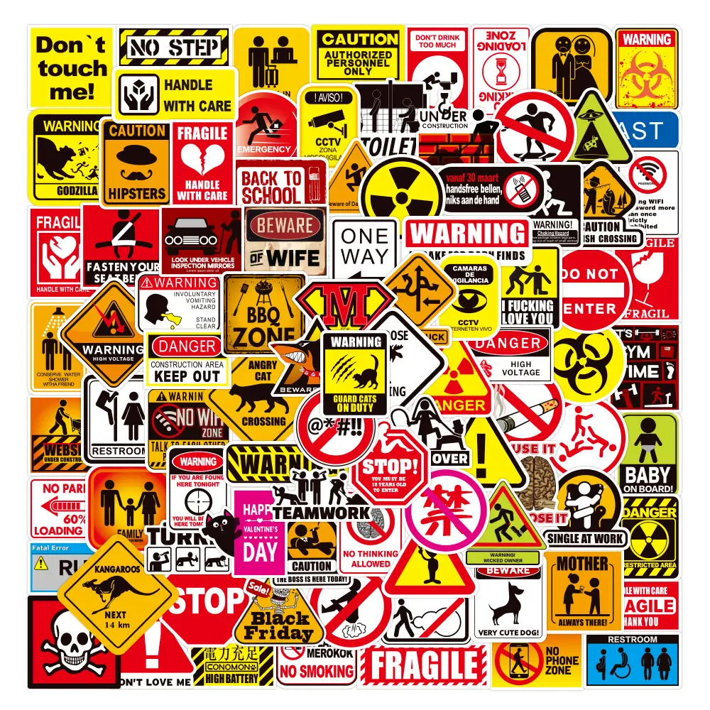 100Pcs Warning Sign Stickers Danger Prohibition Signs Notebook Motorcycle Mobile Phone Graffiti Children Stickers Lot