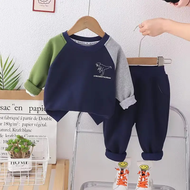 Spring Boys 2-Piece Suit Gray Blue Patchwork Sleeve T-Shirt - Image 2