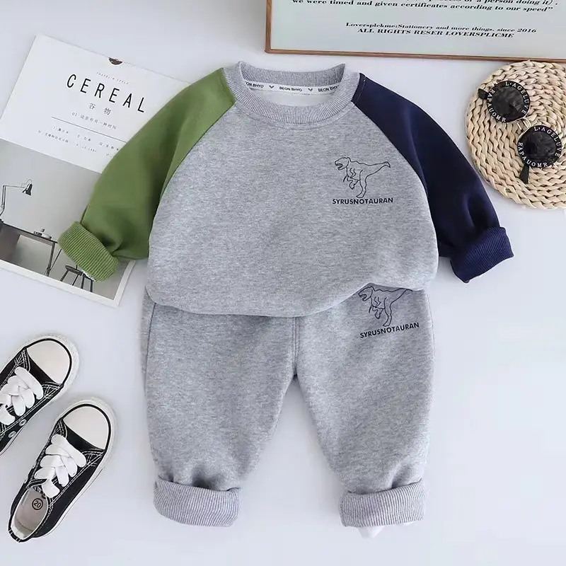 Spring Boys 2-Piece Suit Gray Blue Patchwork Sleeve T-Shirt - Image 3