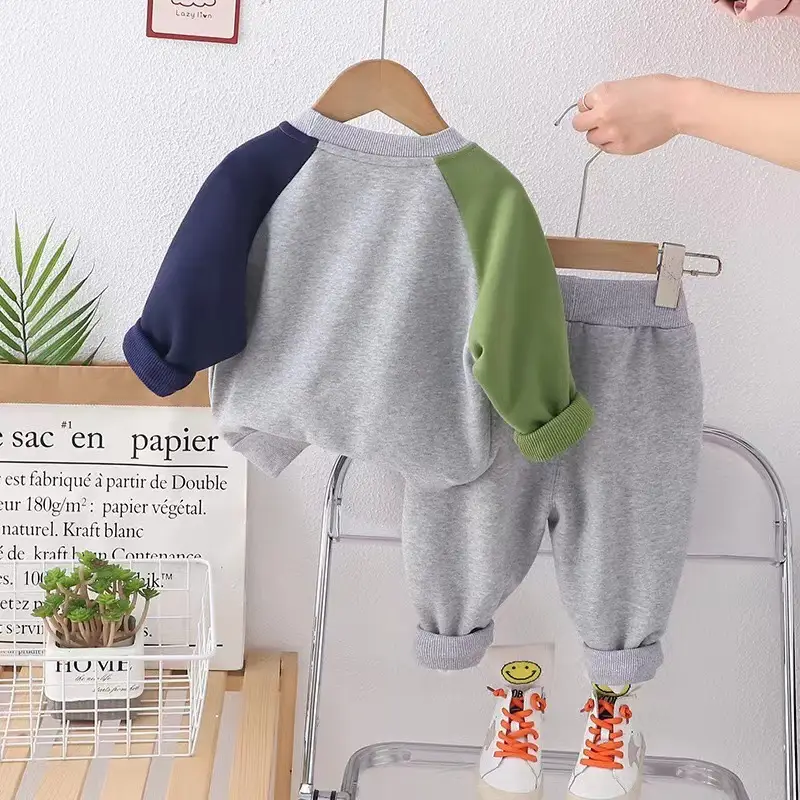 Spring Boys 2-Piece Suit Gray Blue Patchwork Sleeve T-Shirt - Image 4