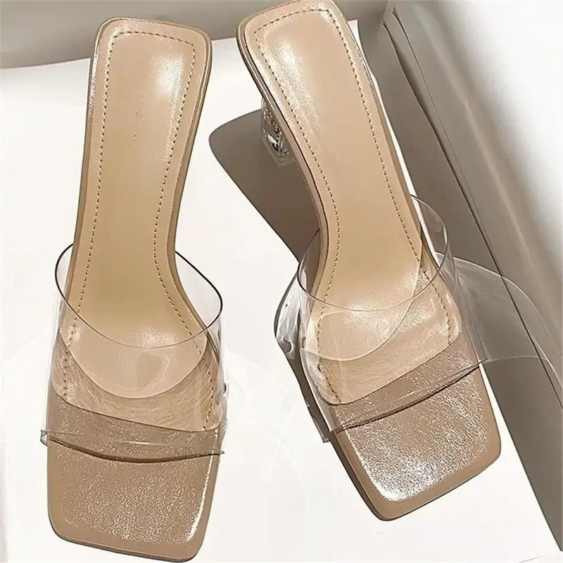 Women's Summer Slip-On Sandals 2026 New Style Square-Toed Crystal Chunky Heel Transparent Sexy High-Heeled Shoes Elegant Sandals - Image 2