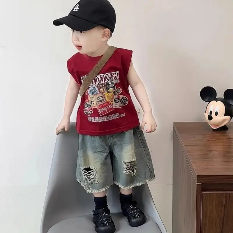 Boys 2-Piece Summer Set Ripped Denim Shorts & Sleeveless T-Shirt - Image 2