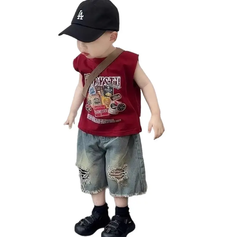 Boys 2-Piece Summer Set Ripped Denim Shorts & Sleeveless T-Shirt - Image 3