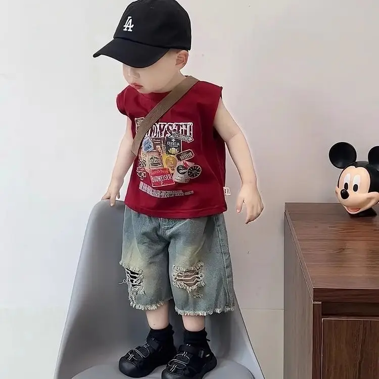 Boys 2-Piece Summer Set Ripped Denim Shorts & Sleeveless T-Shirt — feature 3