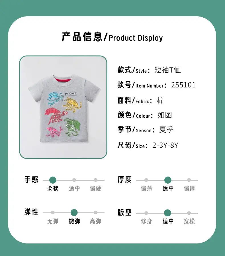 Boys Cartoon Dragon T-Shirt Grey 2025 Summer — feature 3