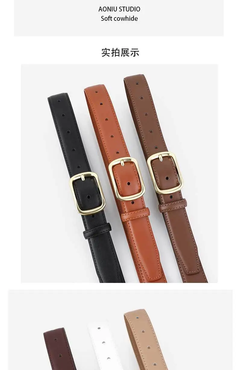 Women's Genuine Leather Retro Belt Tan with Gold Buckle — feature 8