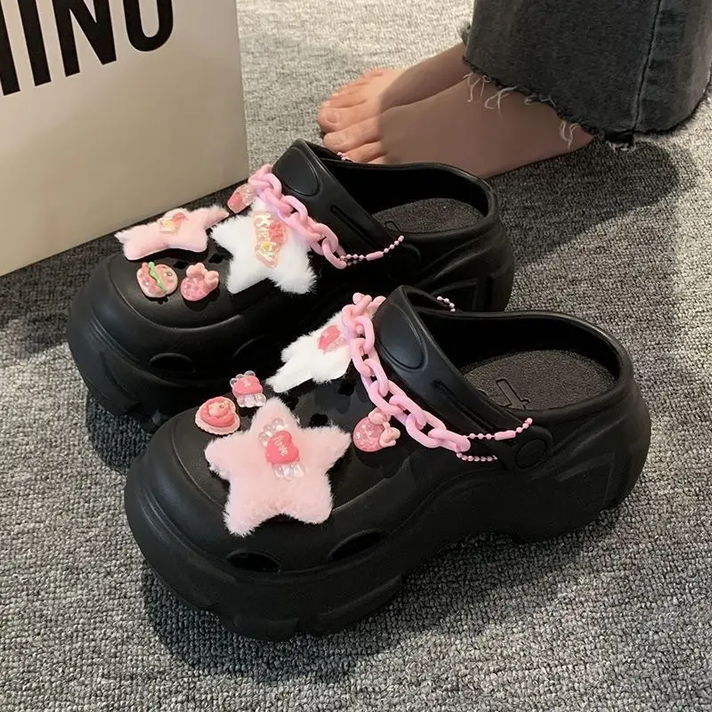 Black Embellished Clogs for Women with Chain & Pearl Decor