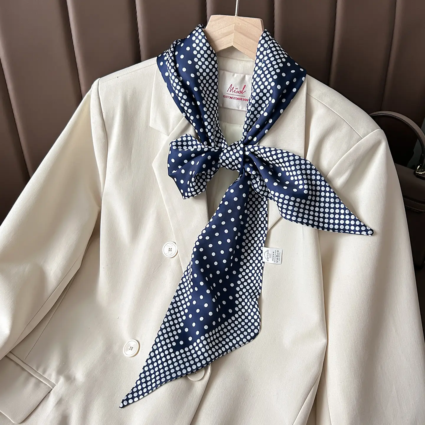 Women Silk Scarf Blue Black Polka Dot Neckband