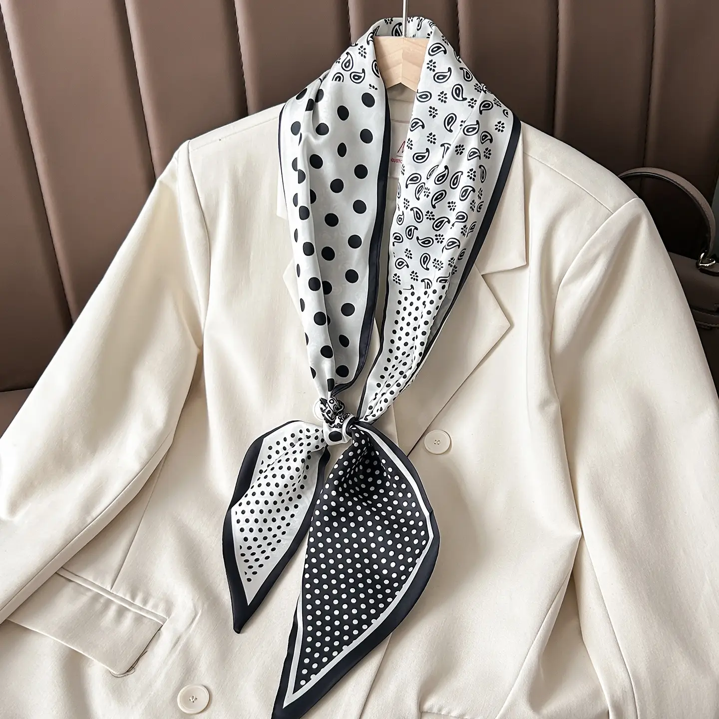 Women Silk Scarf Blue Black Polka Dot Neckband