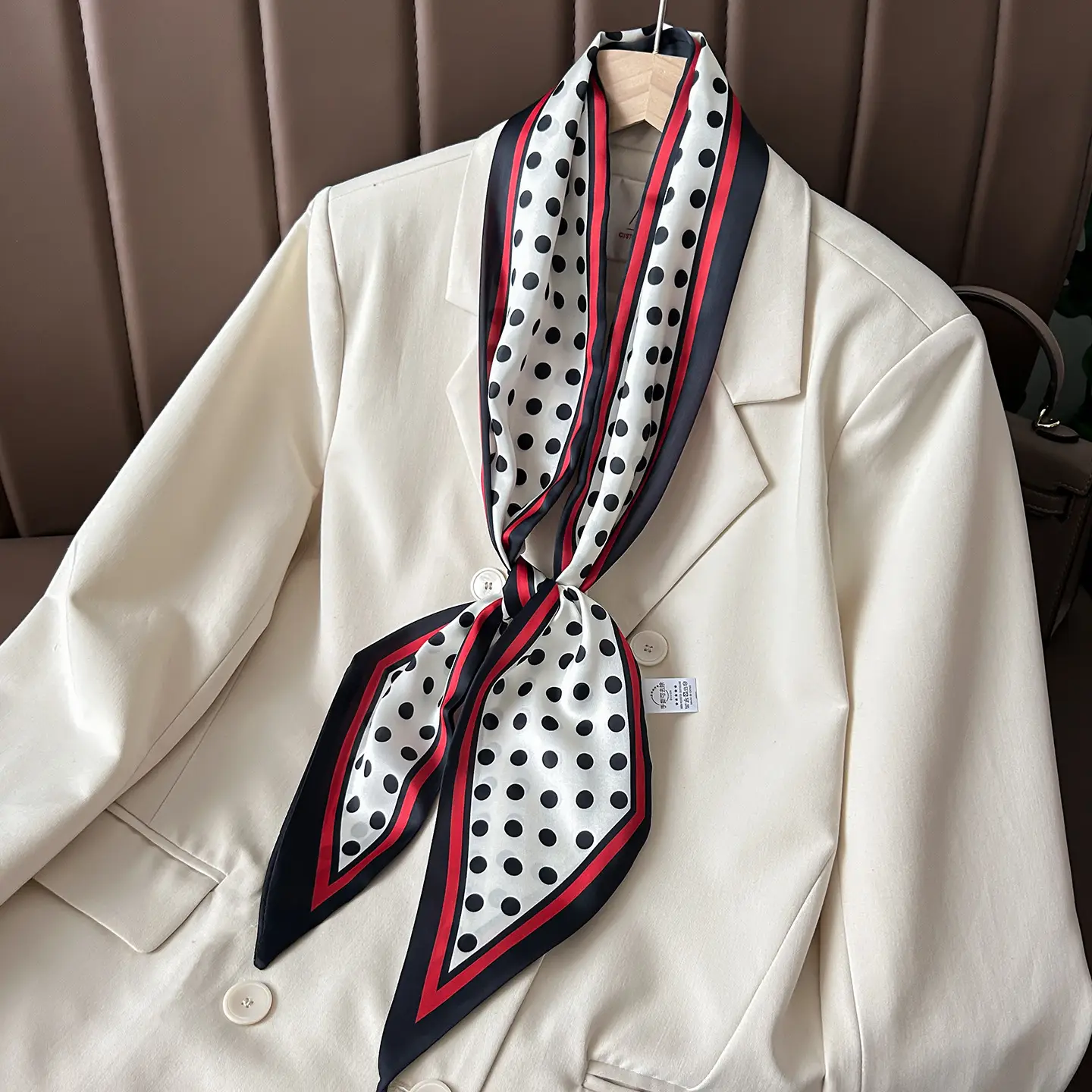 Women Silk Scarf Blue Black Polka Dot Neckband