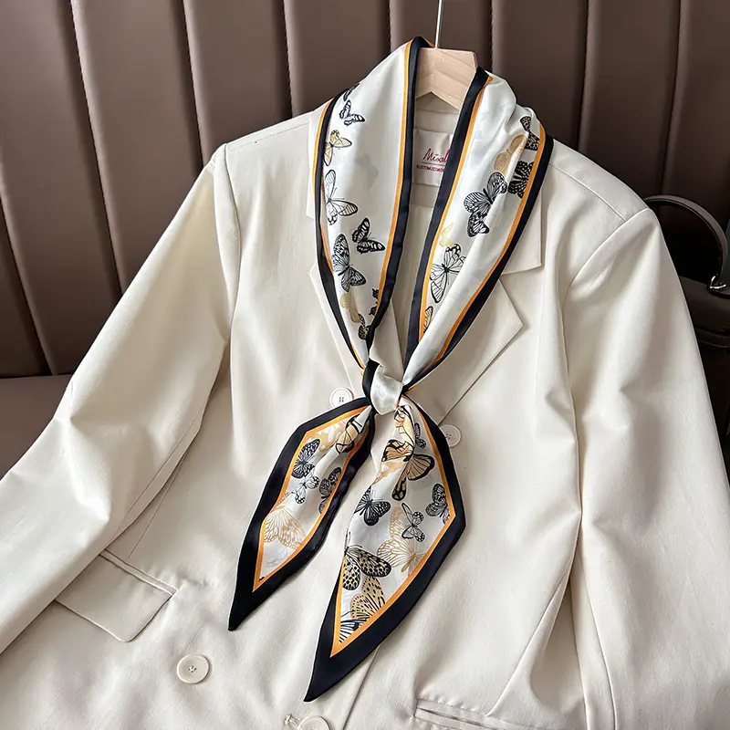 Women Silk Scarf Blue Black Polka Dot Neckband