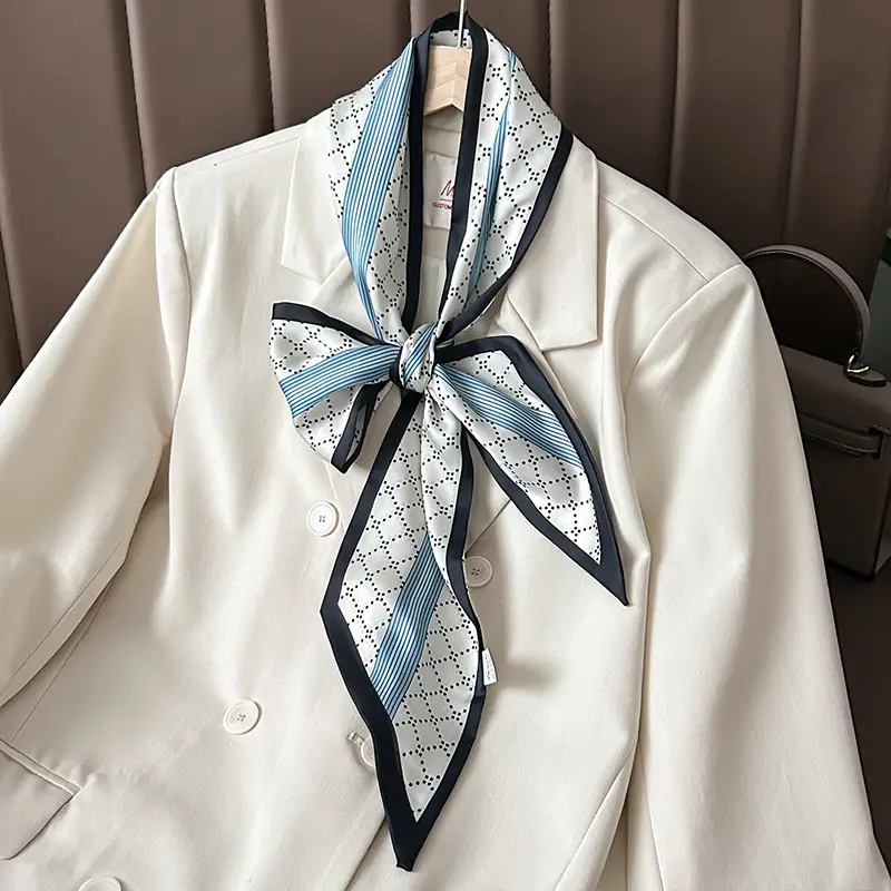 Women Silk Scarf Blue Black Polka Dot Neckband