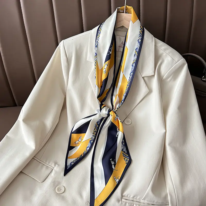 Women Silk Scarf Blue Black Polka Dot Neckband