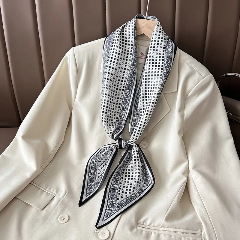 Women Silk Scarf Blue Black Polka Dot Neckband