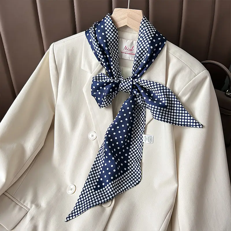 Women Silk Scarf Blue Black Polka Dot Neckband