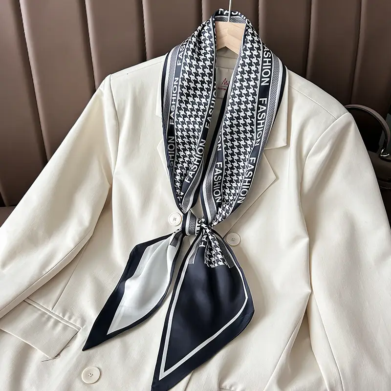 Women Silk Scarf Blue Black Polka Dot Neckband