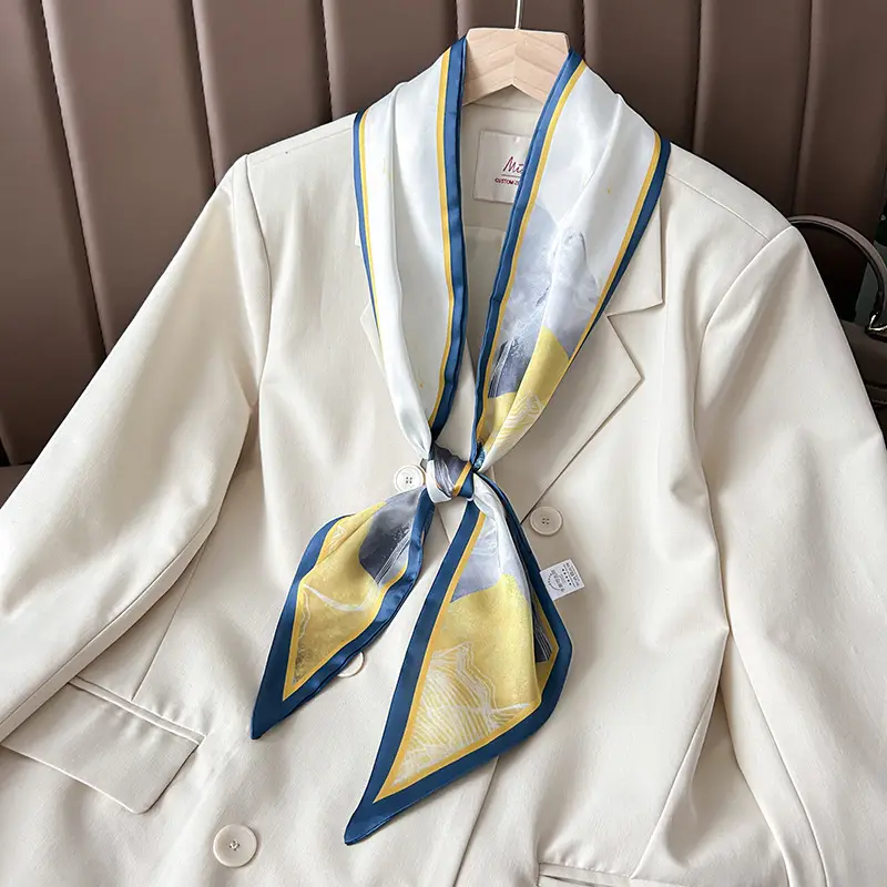 Women Silk Scarf Blue Black Polka Dot Neckband
