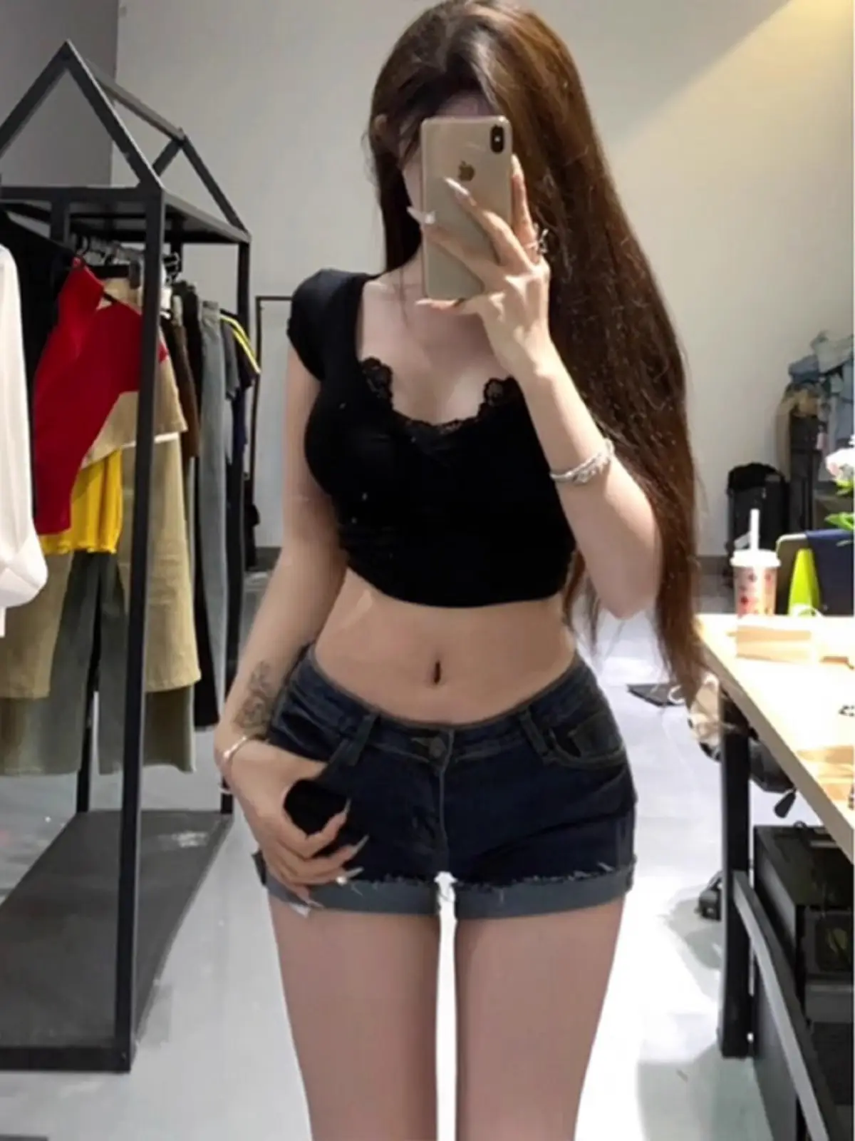 Dark Blue Curled Denim Shorts for Women 2025