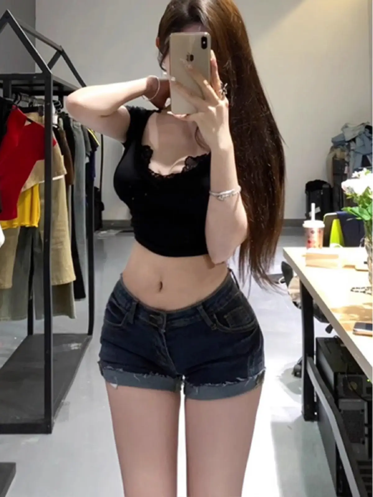 Dark Blue Curled Denim Shorts for Women 2025