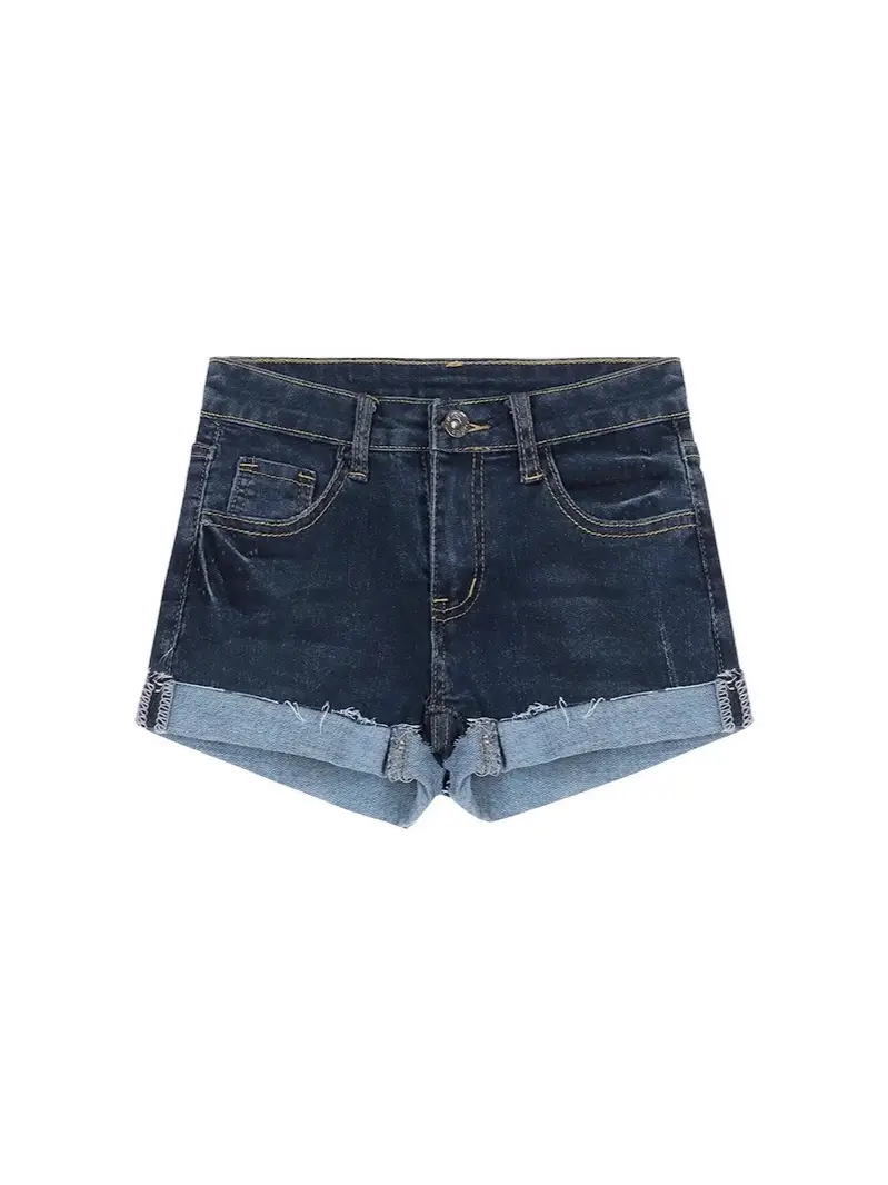 Dark Blue Curled Denim Shorts for Women 2025