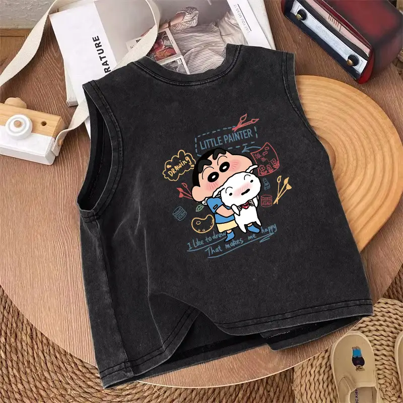Pure Cotton Sleeveless T-Shirt for Boys Black Vintage - Image 8