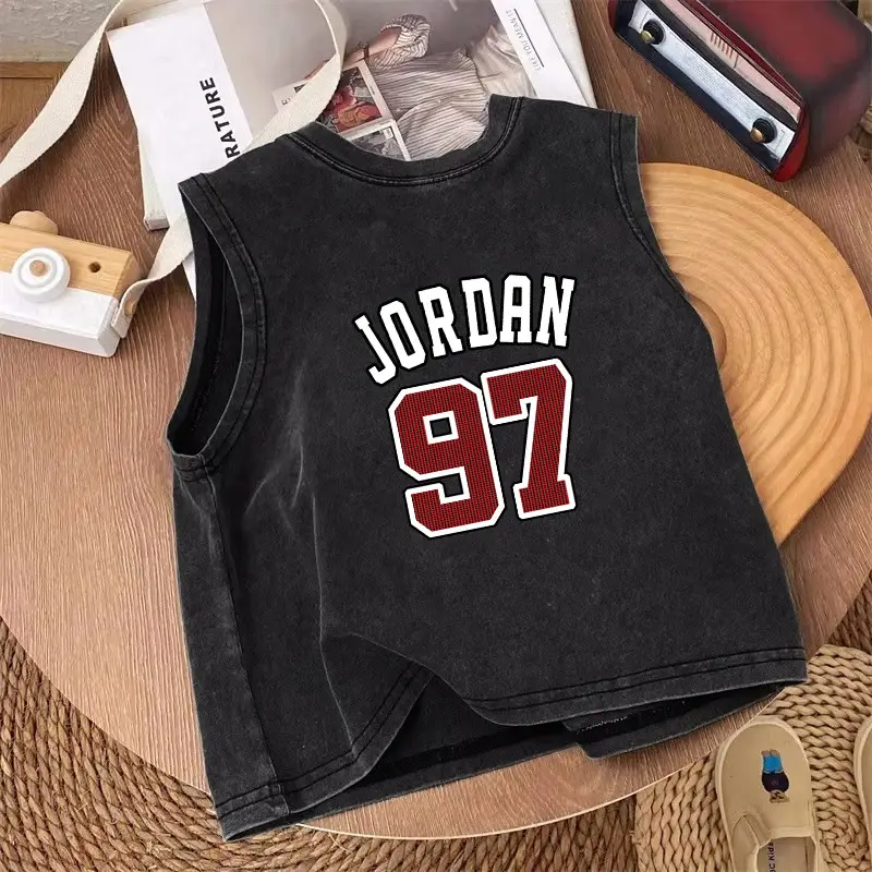 Pure Cotton Sleeveless T-Shirt for Boys Black Vintage - Image 9