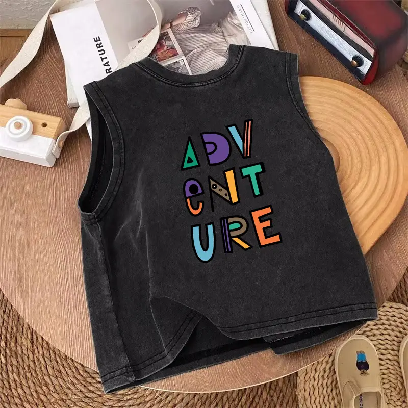 Pure Cotton Sleeveless T-Shirt for Boys Black Vintage - Image 10
