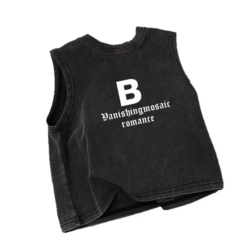 Pure Cotton Sleeveless T-Shirt for Boys Black Vintage - Image 12
