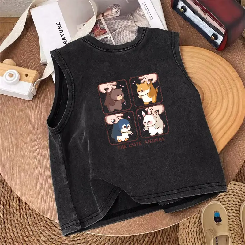Pure Cotton Sleeveless T-Shirt for Boys Black Vintage - Image 4