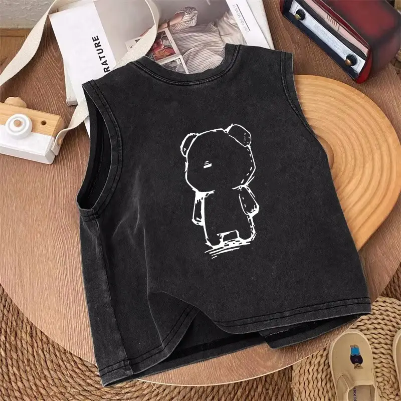 Pure Cotton Sleeveless T-Shirt for Boys Black Vintage - Image 6